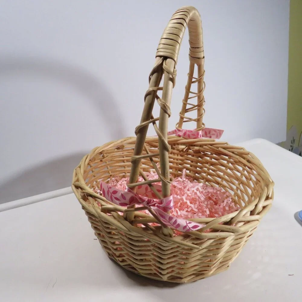 blonde natural cane wicker basket with handle (hand tied bows removable)